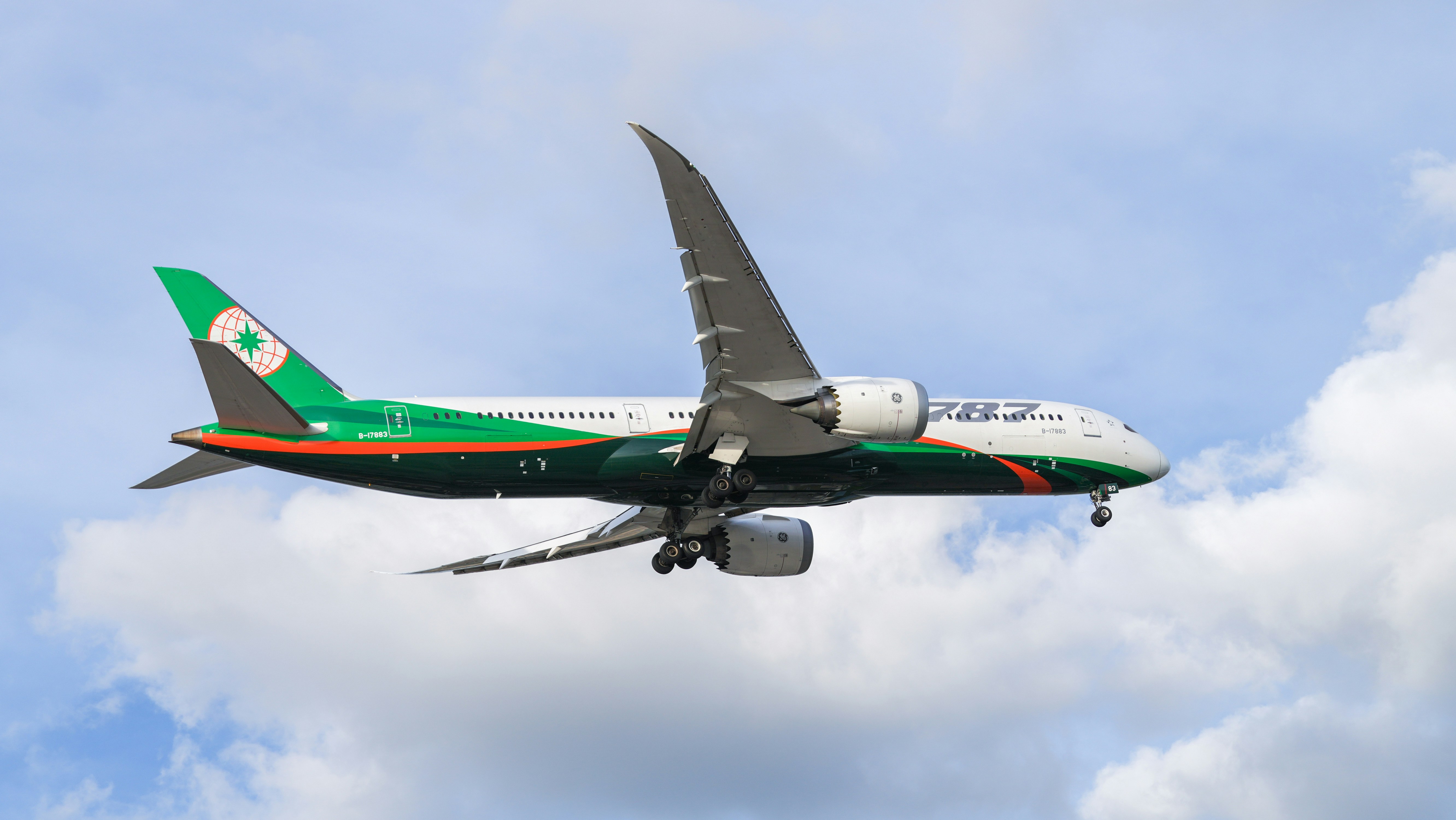 Ein großes Flugzeug fliegt durch einen bewölkten blauen Himmel