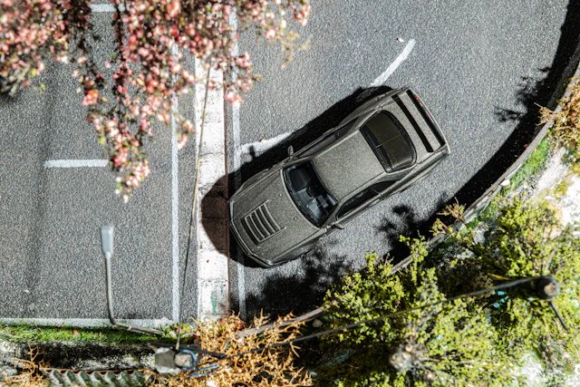 Overhead view of a car parked beside the road