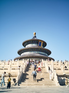 A group of people walking up and down some steps
