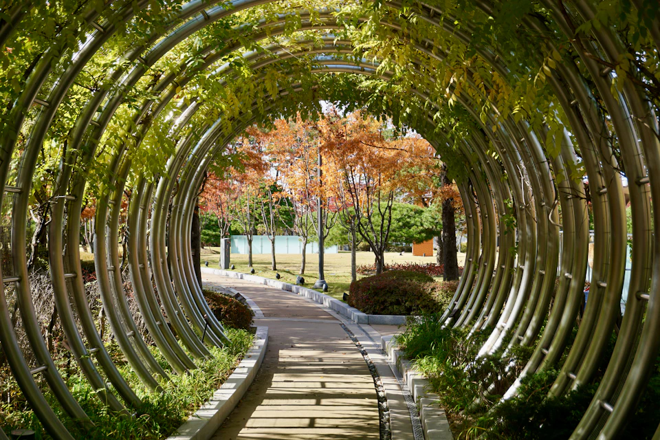 The image depicts a serene park scene with a large, curved metal archway constructed from silver pipes and topped by a lush canopy of green leaves. The archway is situated on a concrete path that meanders through the park, surrounded by an array of trees and bushes in various shades of green. The sky above is a clear blue, providing a beautiful backdrop to the scene.