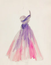 A watercolor sketch of a flowing purple and pink gown.