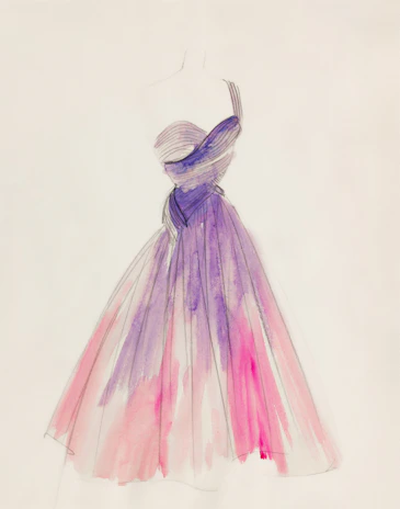 A watercolor sketch of a flowing purple and pink gown.