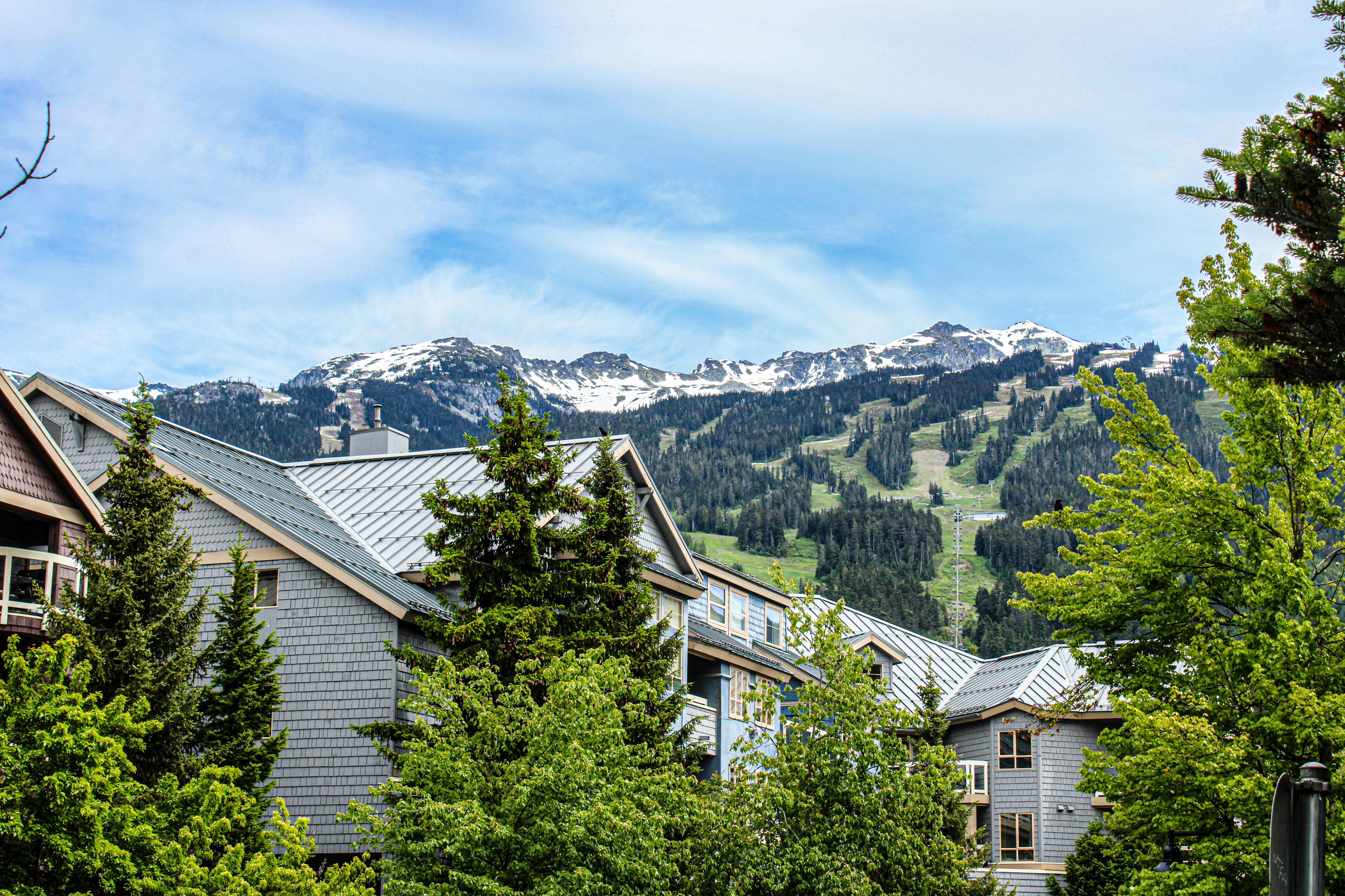 Whistler village with snowy mountain backdrop