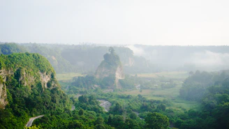 A view of a lush green valley surrounded by mountains