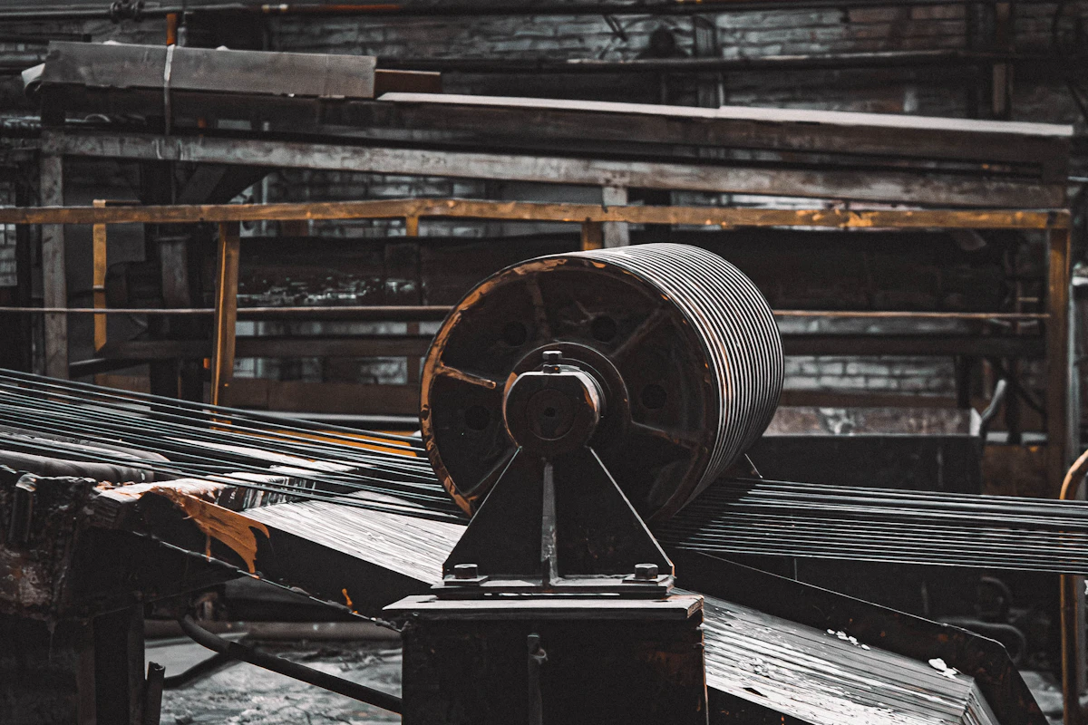 Machine handling a large steel roll in a plant