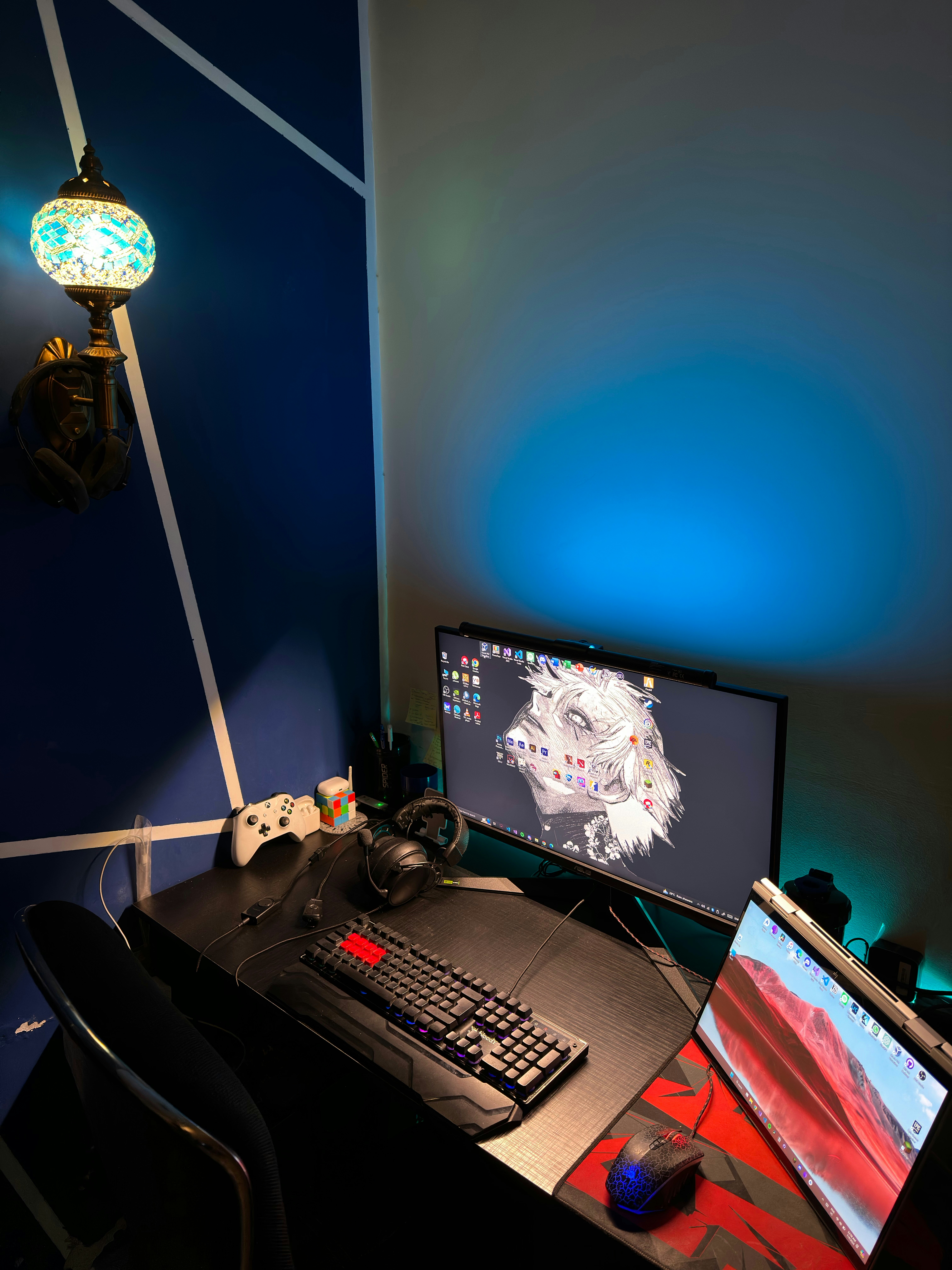 Professional gaming headset and mouse on dark desk, red accent lighting, competitive gaming environment