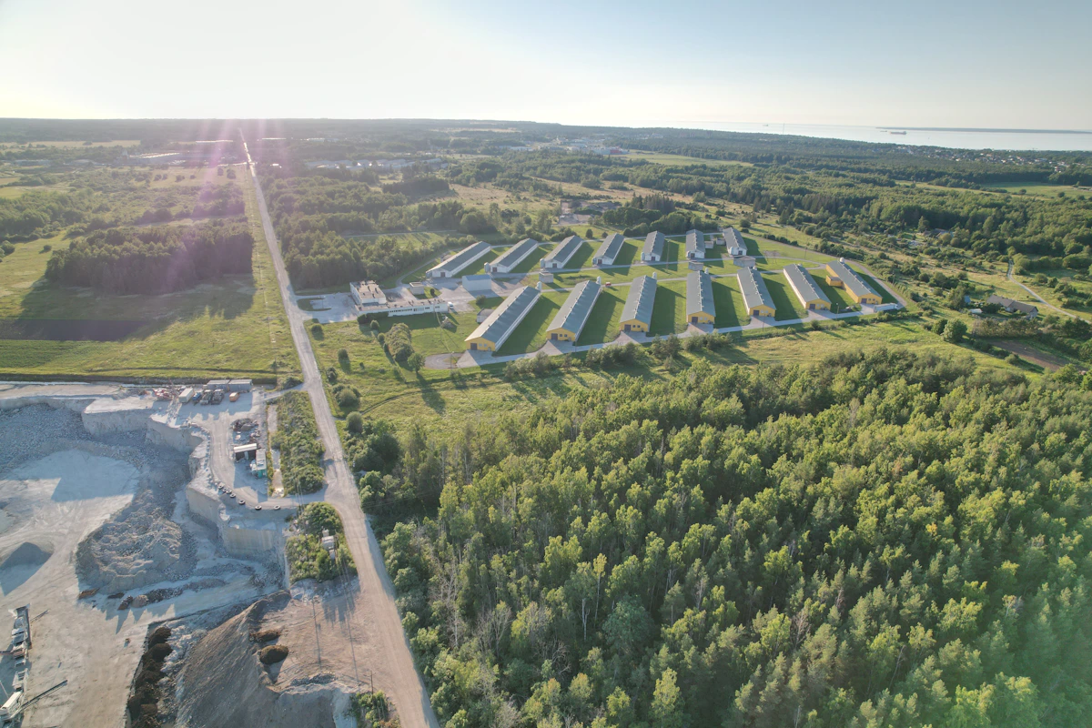 Aerial view of an industrial area and large warehouse facilities