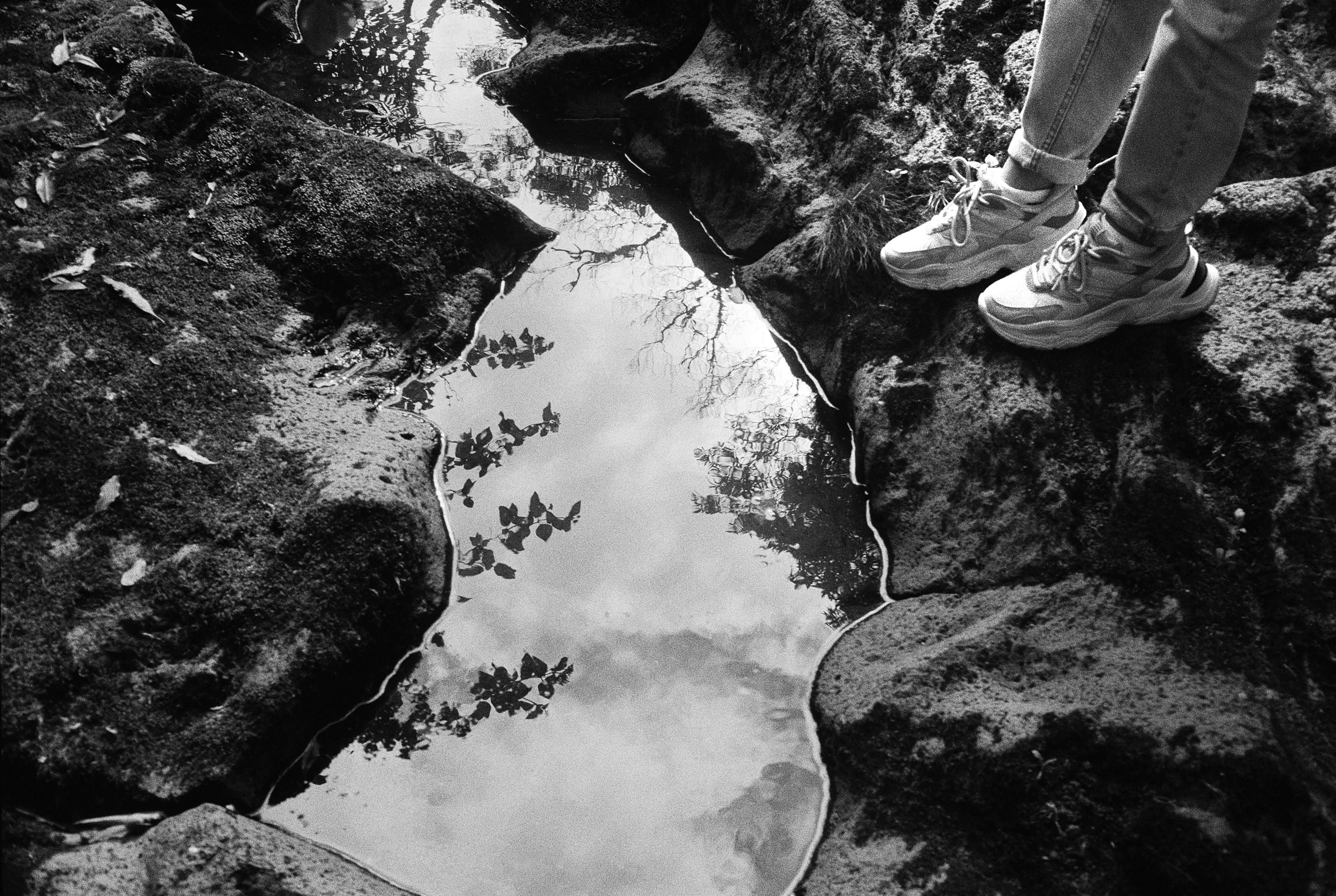 A person standing on top of a rock next to a puddle