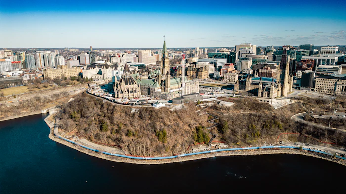 Aerial view of Parliament Hill on the Ottawa River