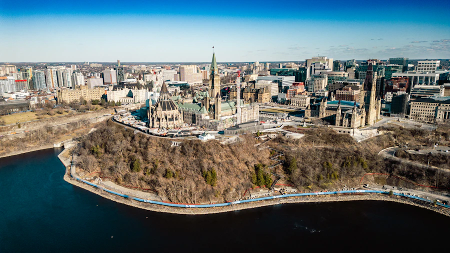 Aerial view of Parliament Hill and the Ottawa River