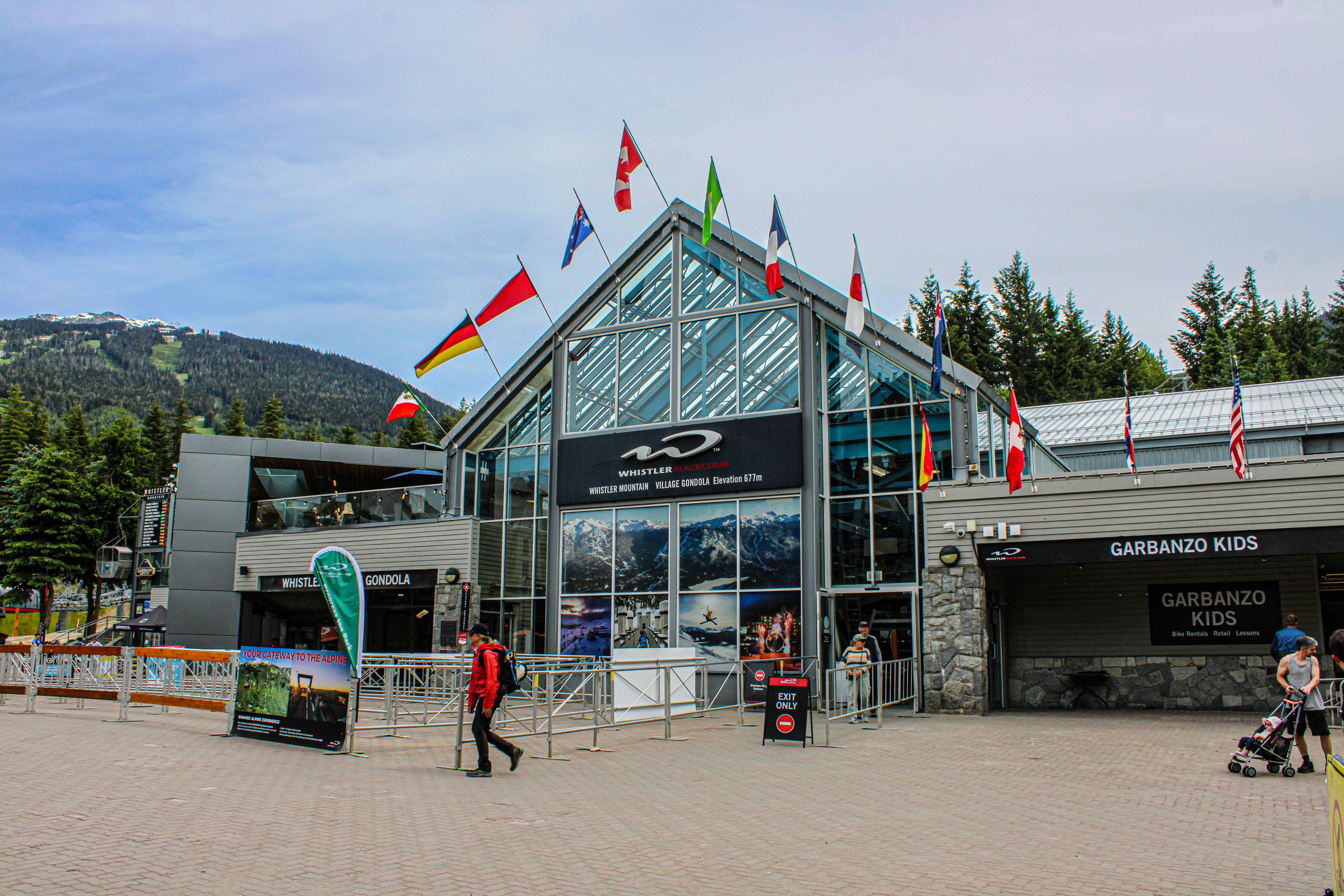 A group of people walking in front of a building