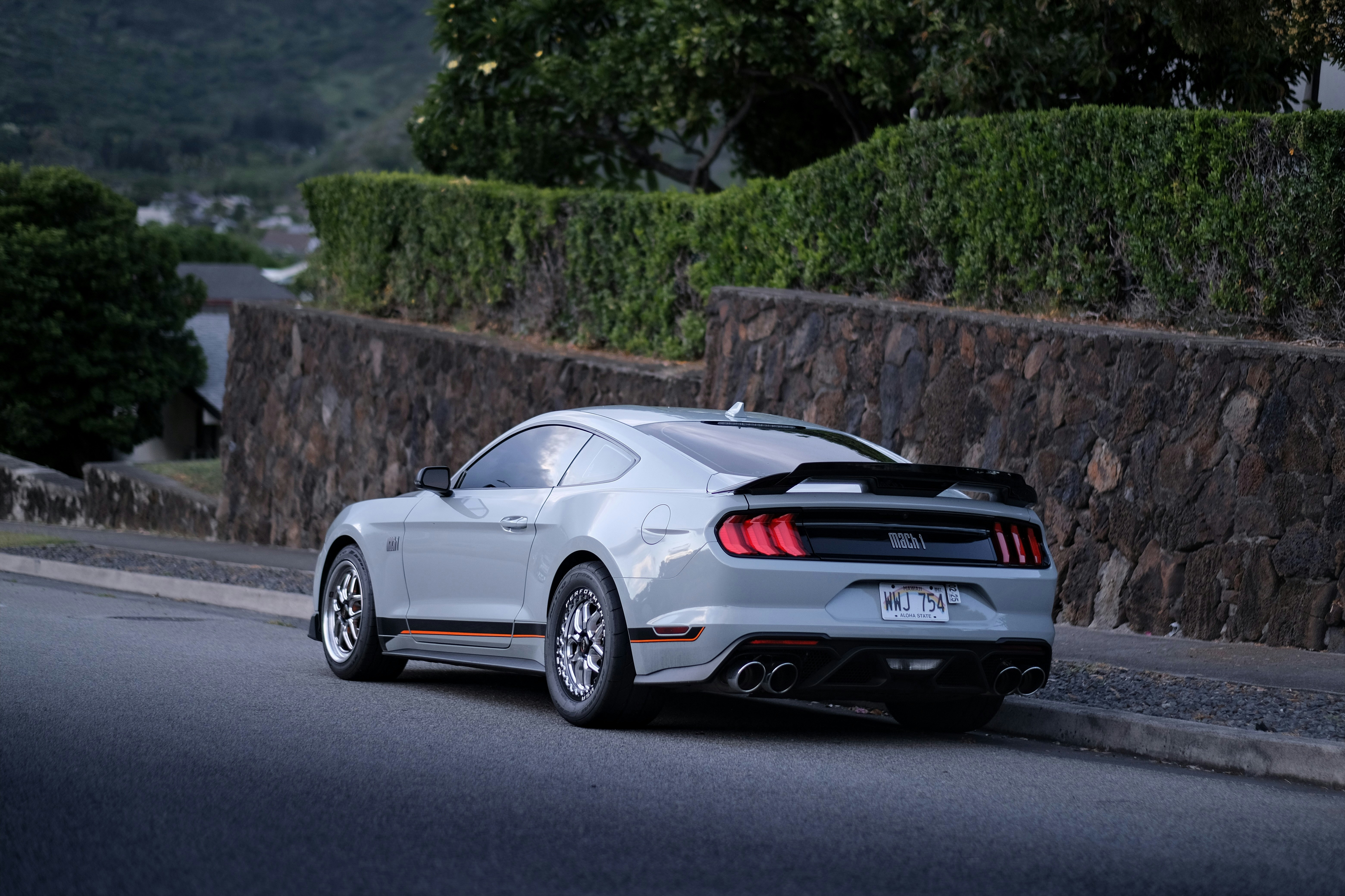 A silver mustang parked on the side of the road
