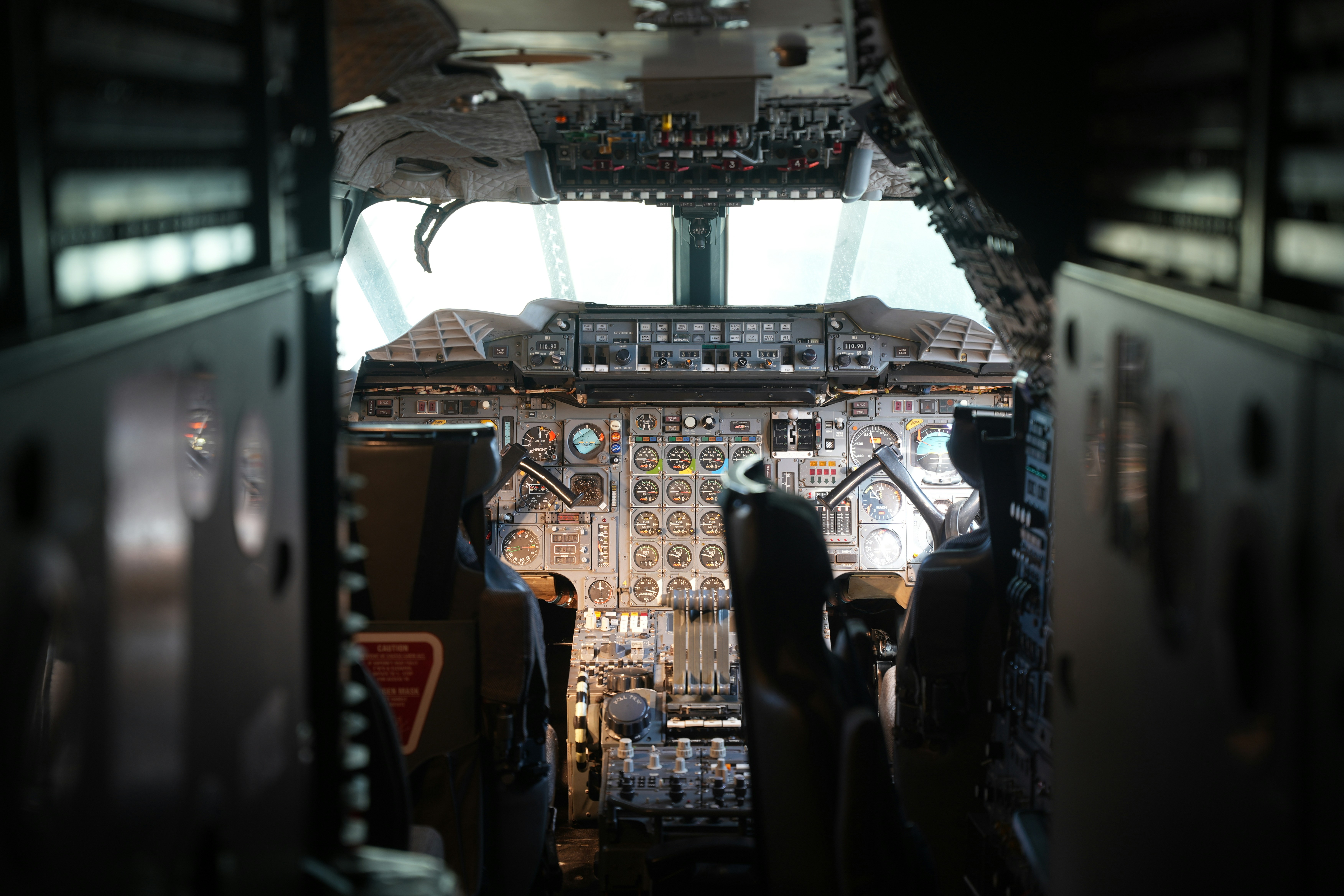 A view of the inside of an airplane cockpit, 
