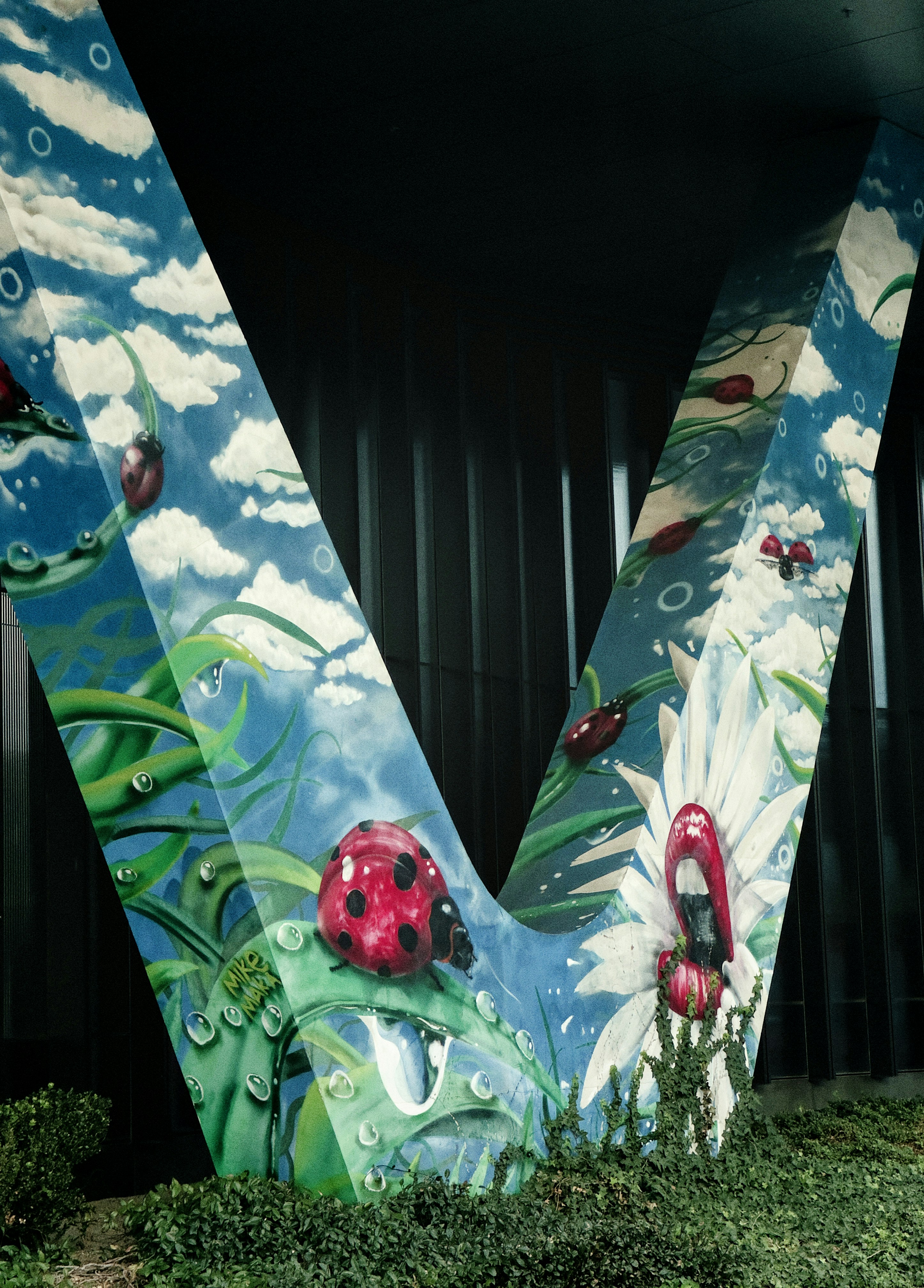 The letter v is painted with flowers and ladybugs
