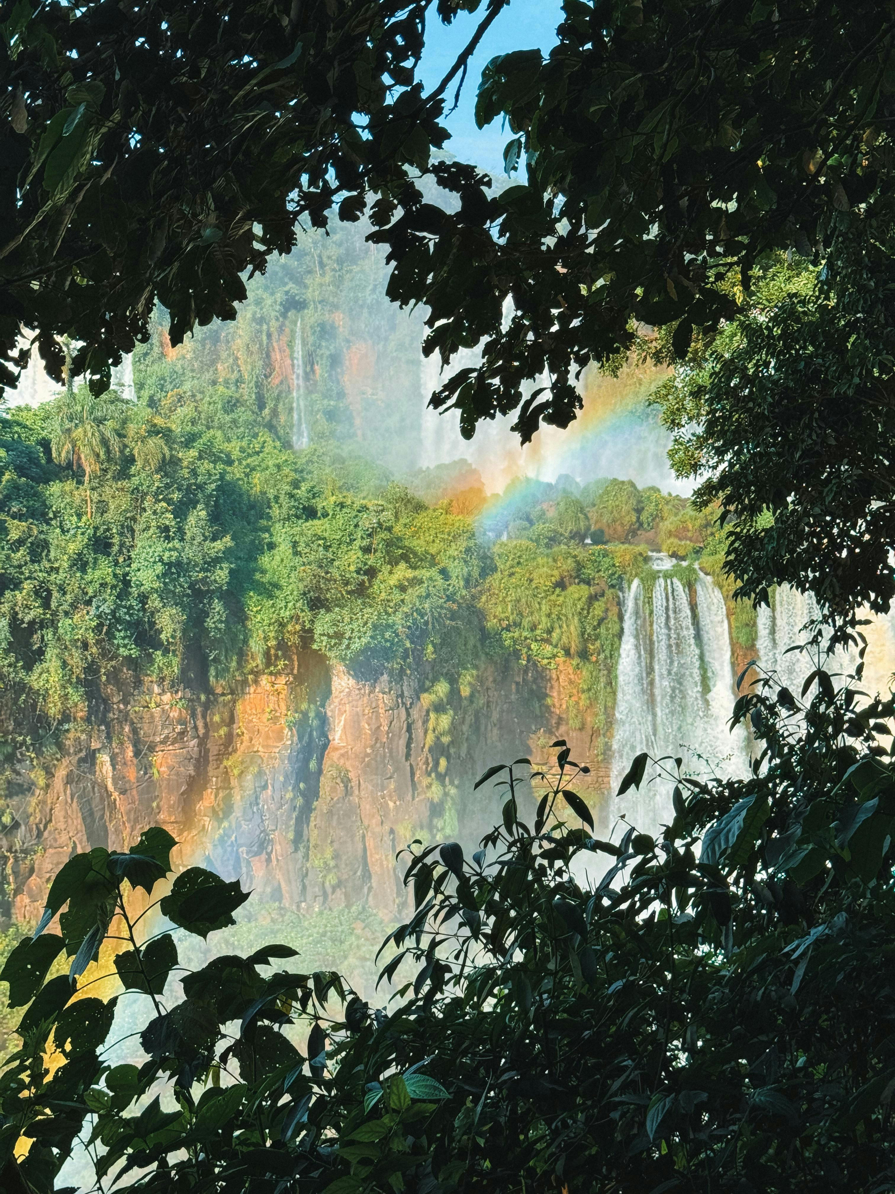 Victoria Falls roaring waterfall with rainbow mist, lush green surroundings