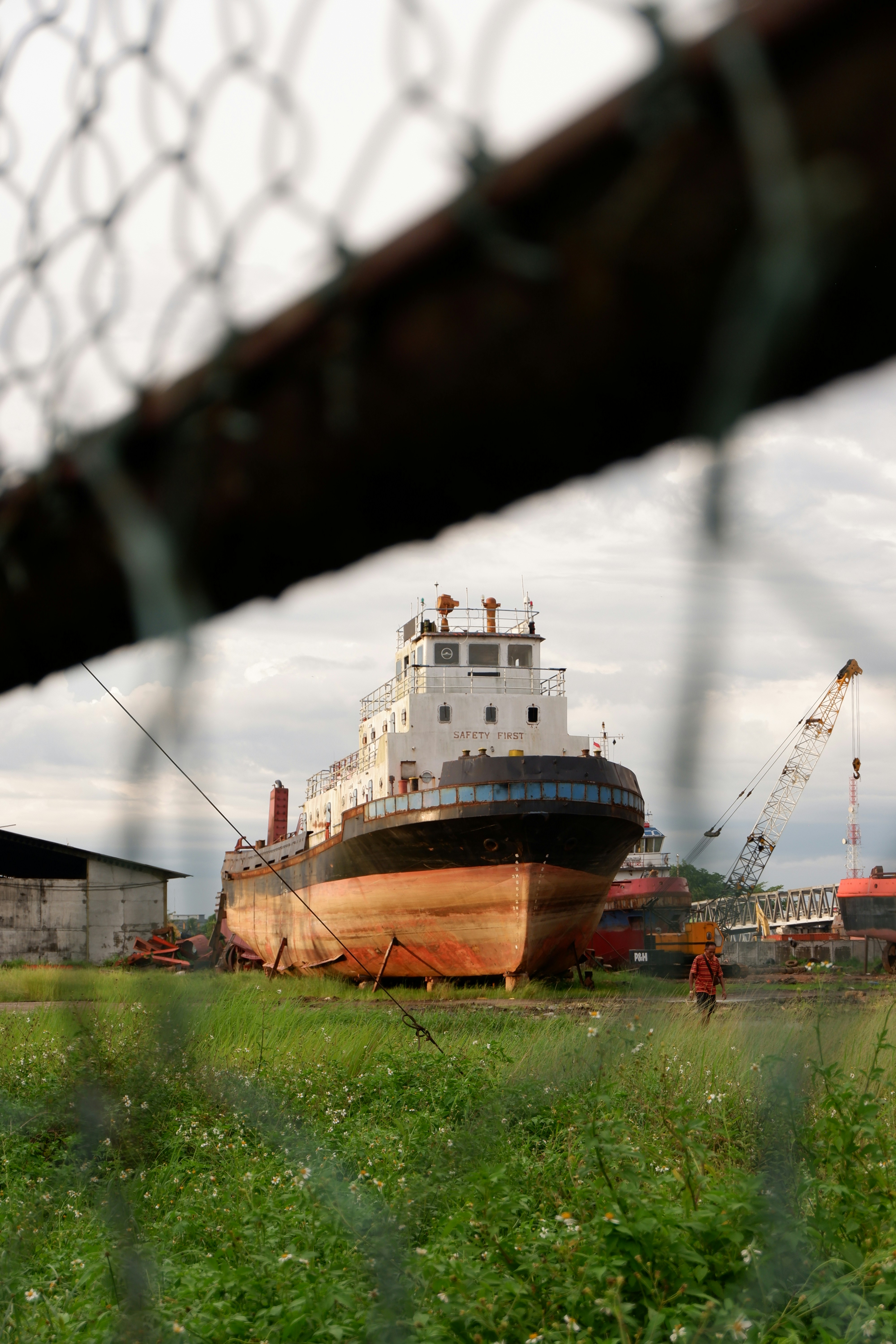 A large boat sitting on top of a lush green field