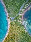 An aerial view of a beach and a body of water