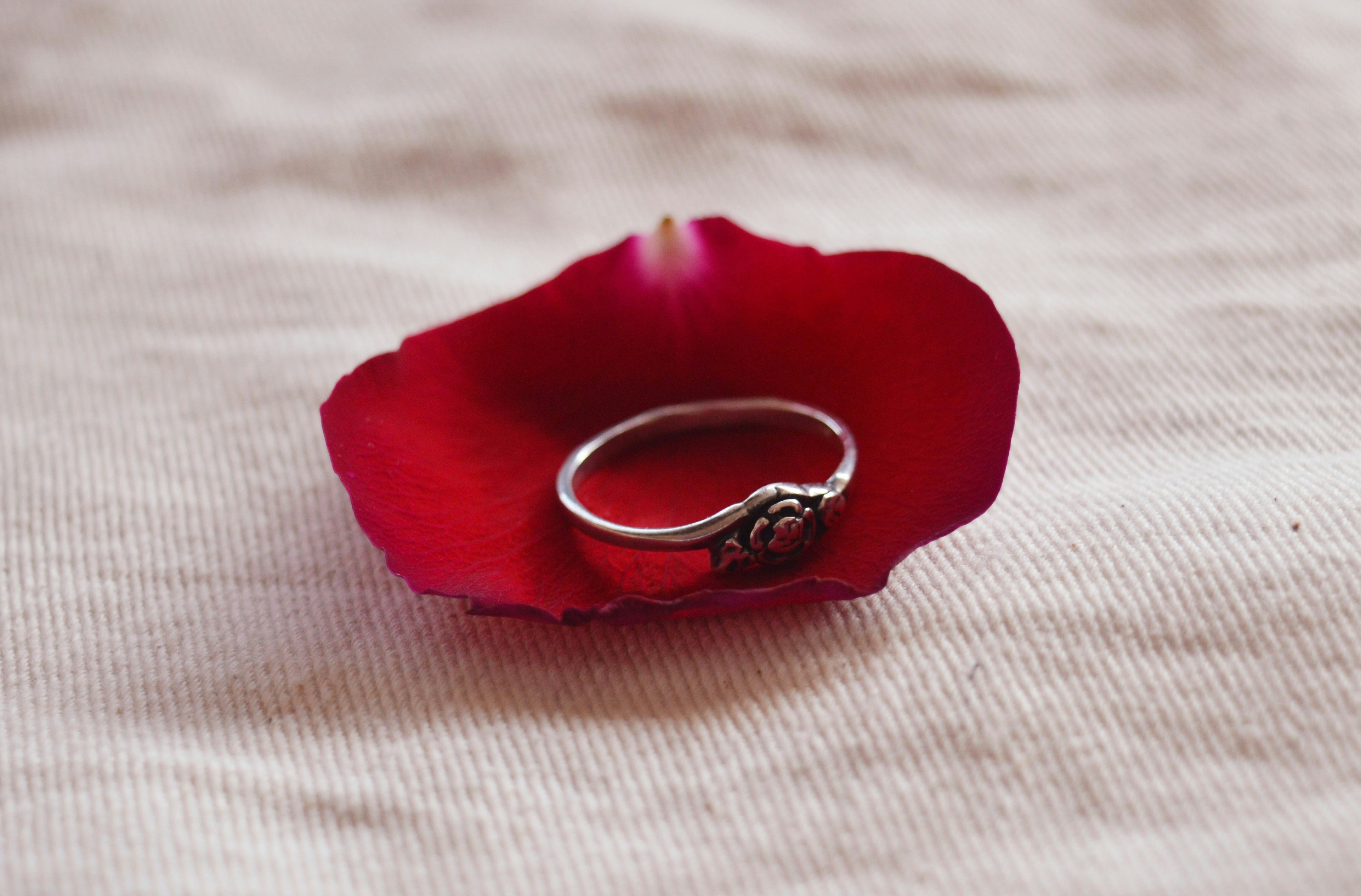 A red flower sitting on top of a white sheet