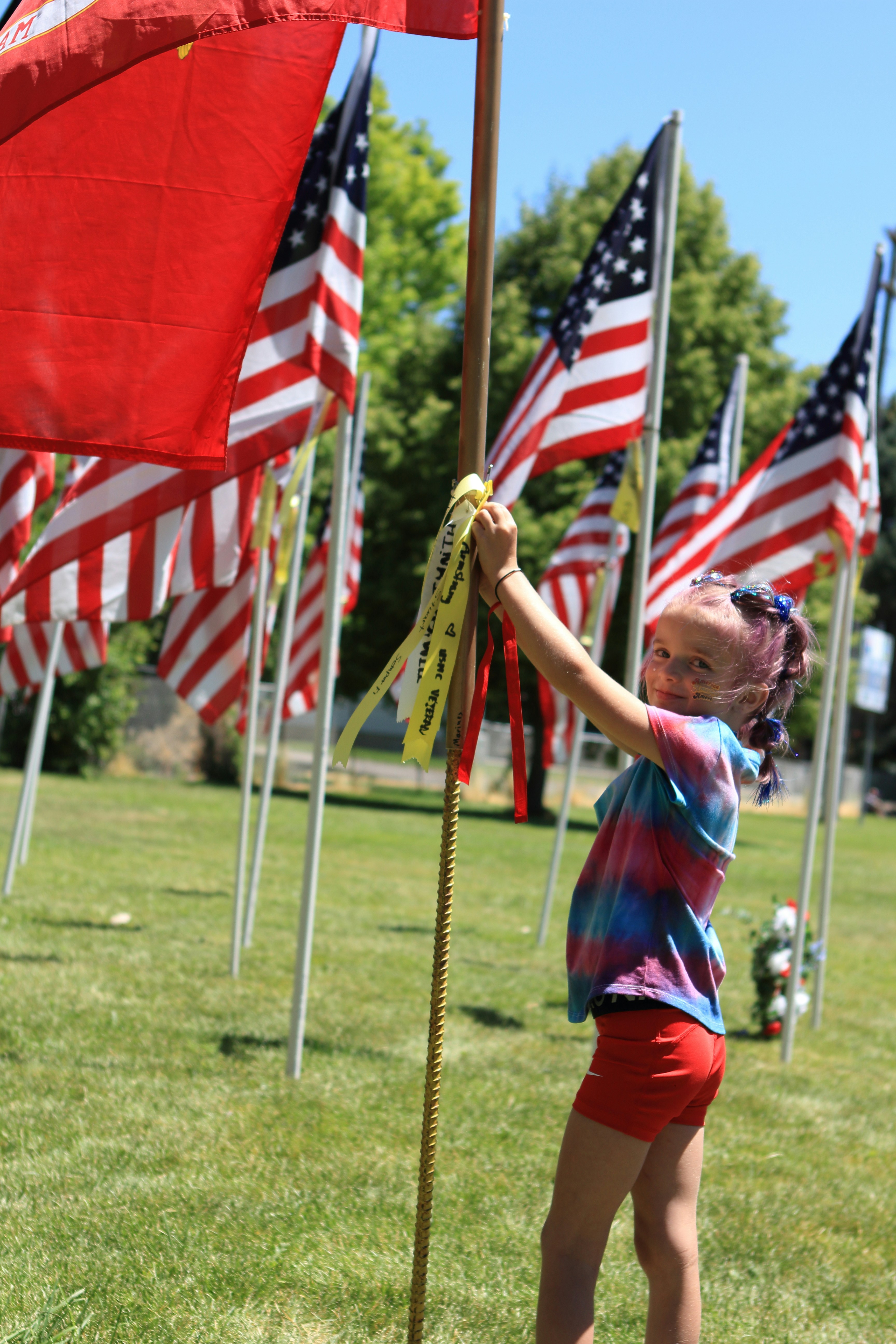 A little girl holding a flag in front of a bunch of flags