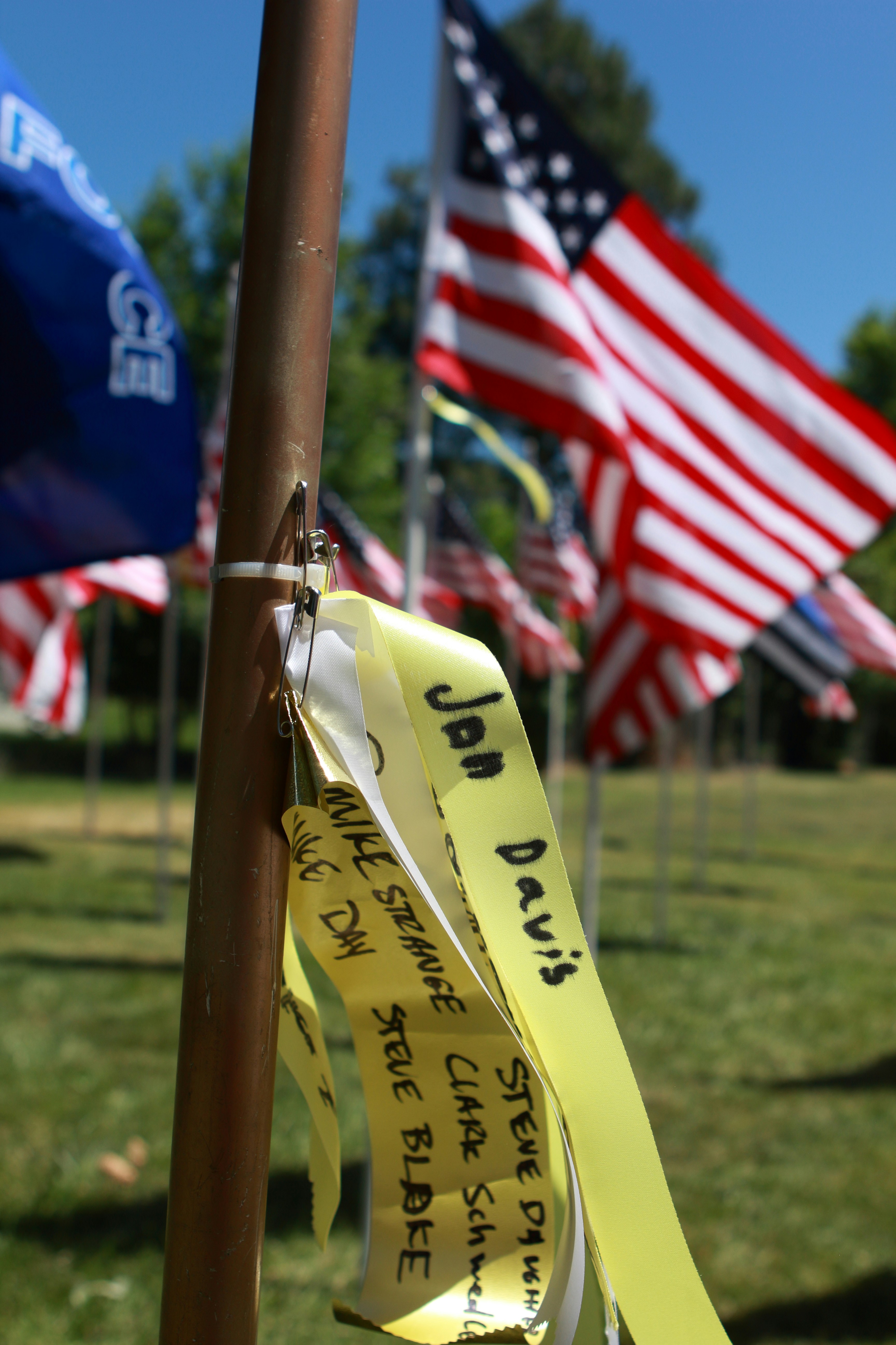 A pole with a bunch of flags on it