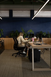 A woman sitting at a desk in an office