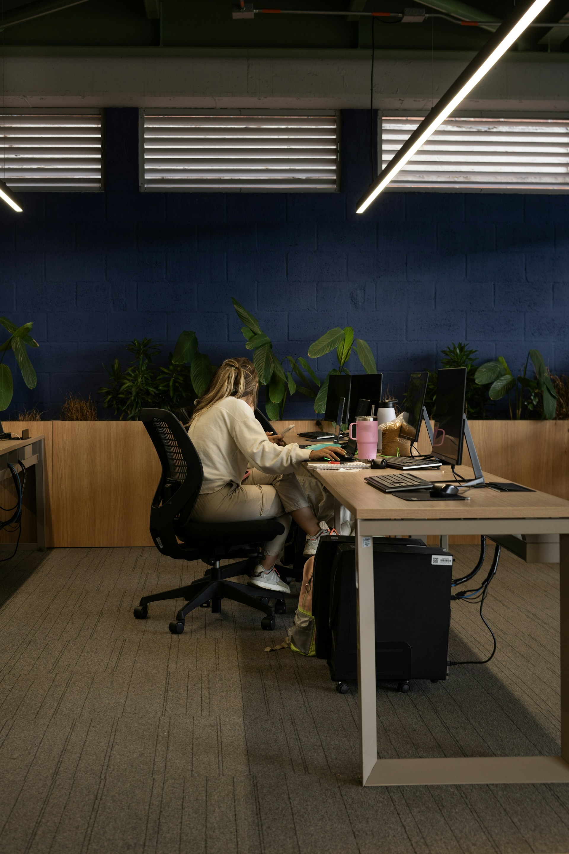 A woman sitting at a desk in an office