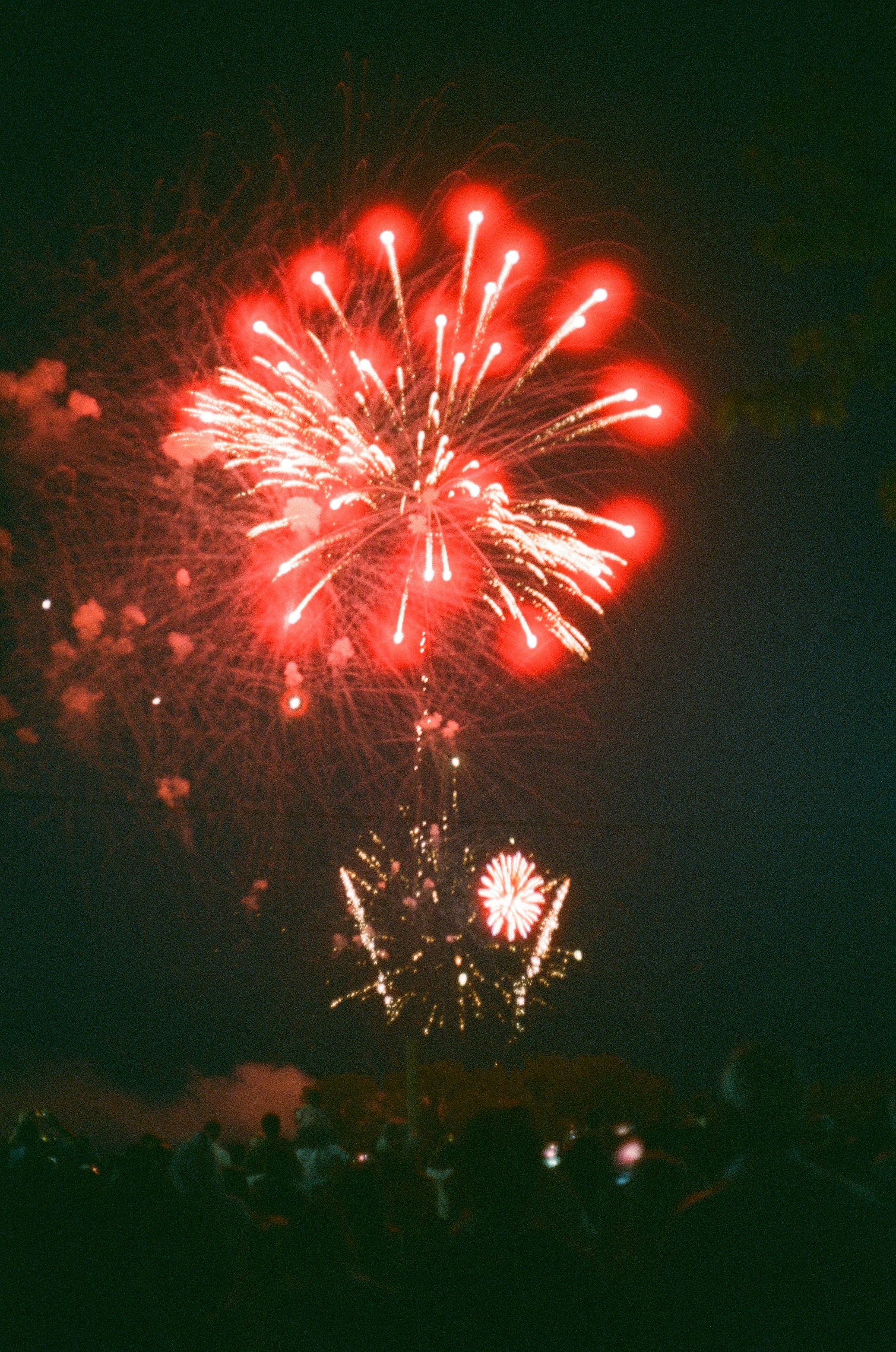 A large fireworks display in the dark sky