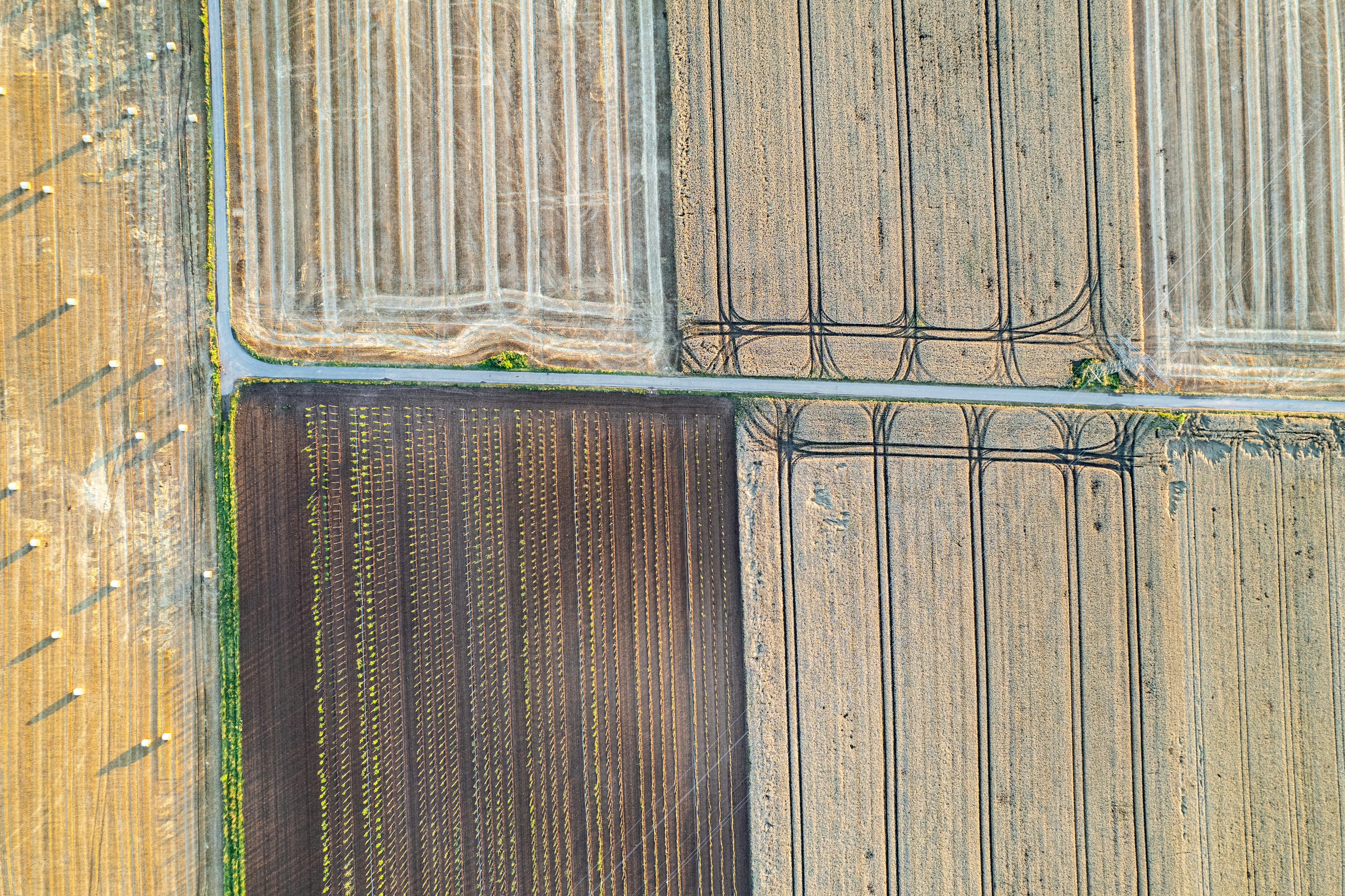 An aerial view of a plowed field