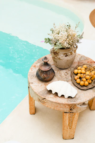 Table with a potted plant next to a pool
