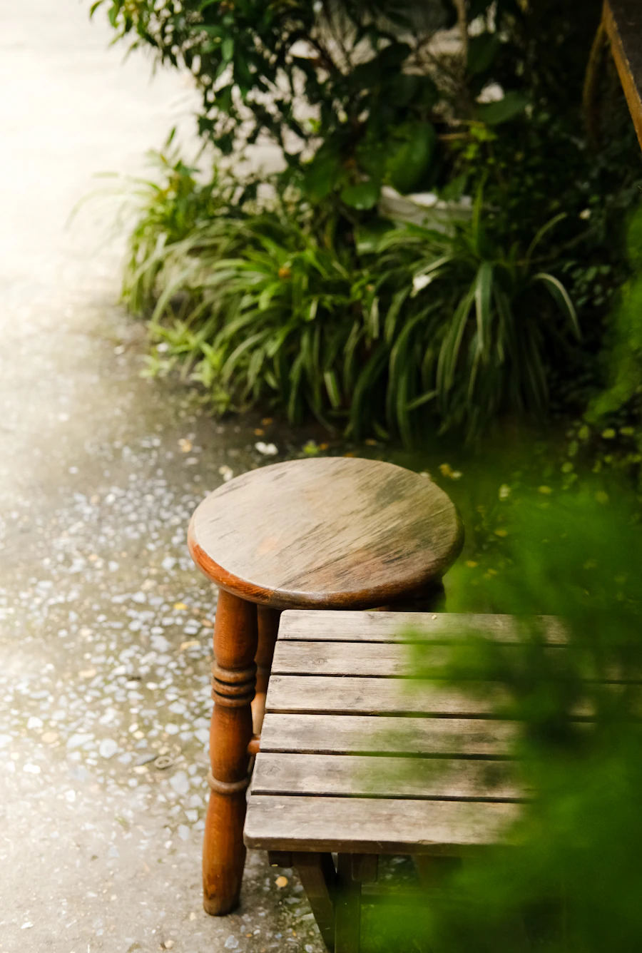 Wooden outdoor storage bench in a garden setting