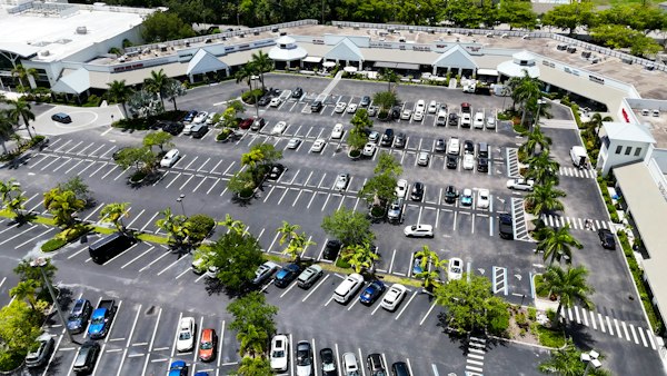 Strip mall shopping center with retail storefronts