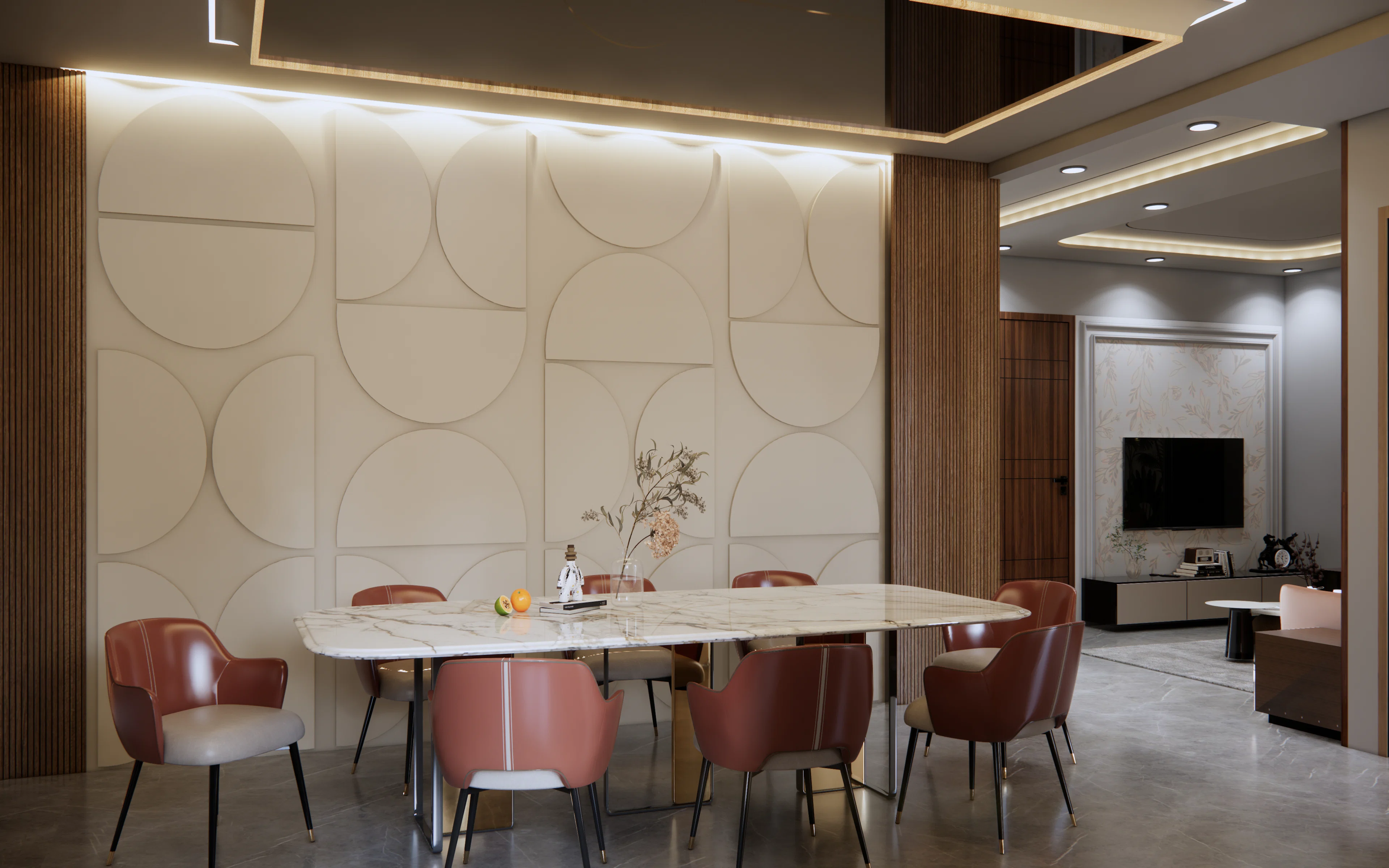 Dining room with a long table and panelled ceiling