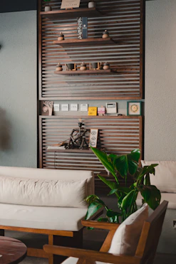 A living room filled with furniture and a plant