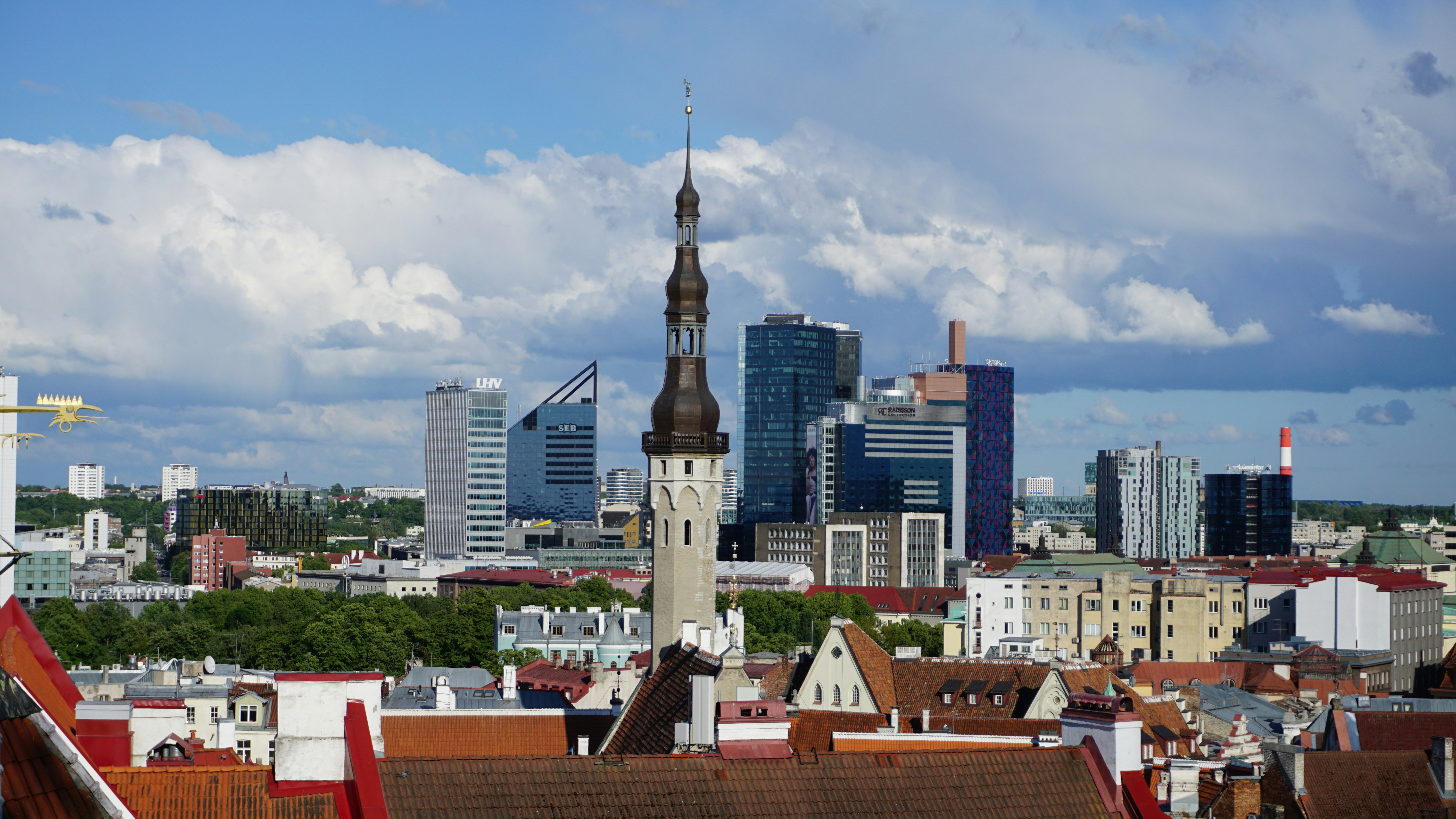 A view of a city with tall buildings