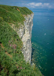 A view of a cliff with a body of water in the background