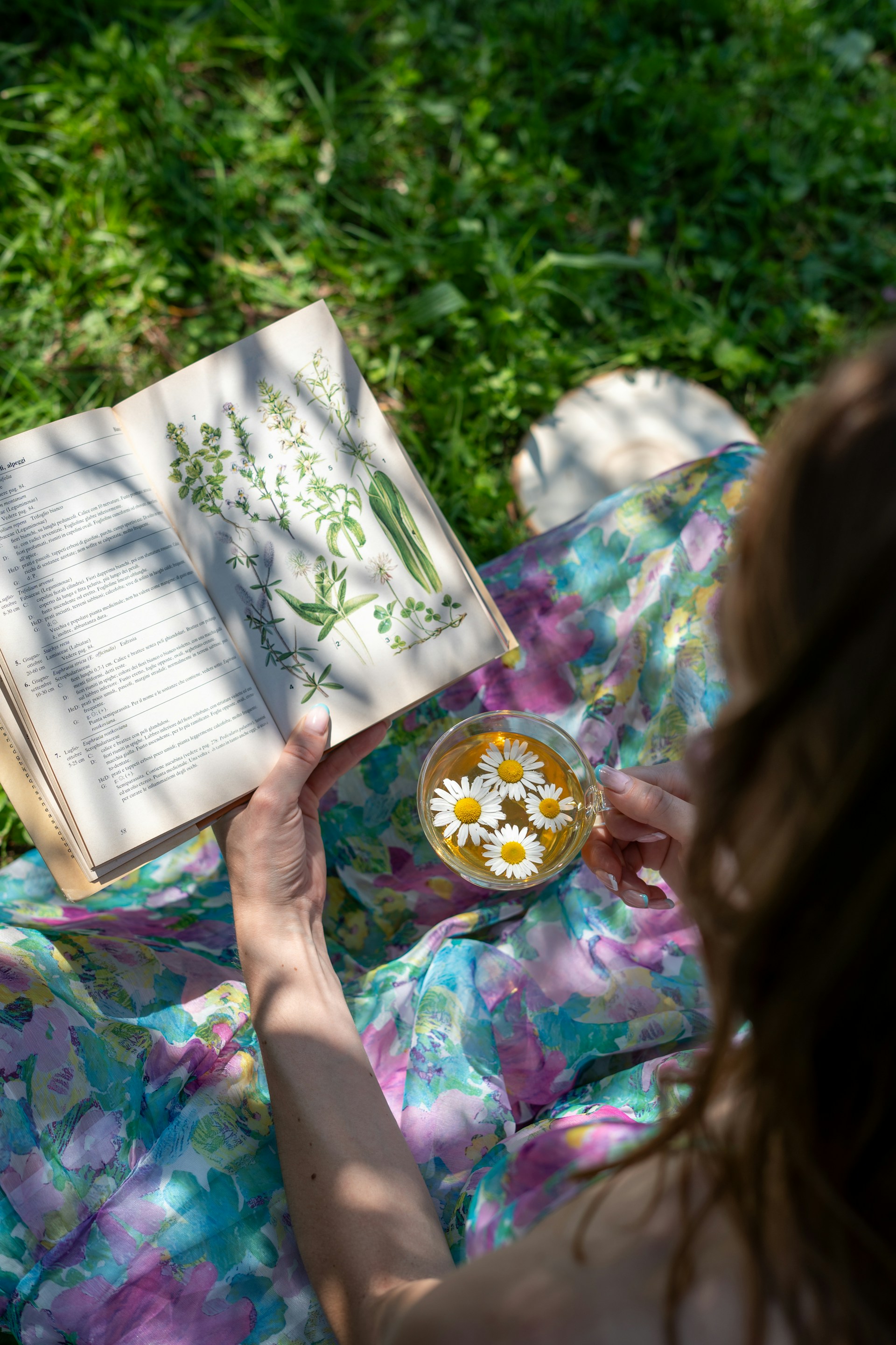 A woman reading a book while holding a bowl of daisies