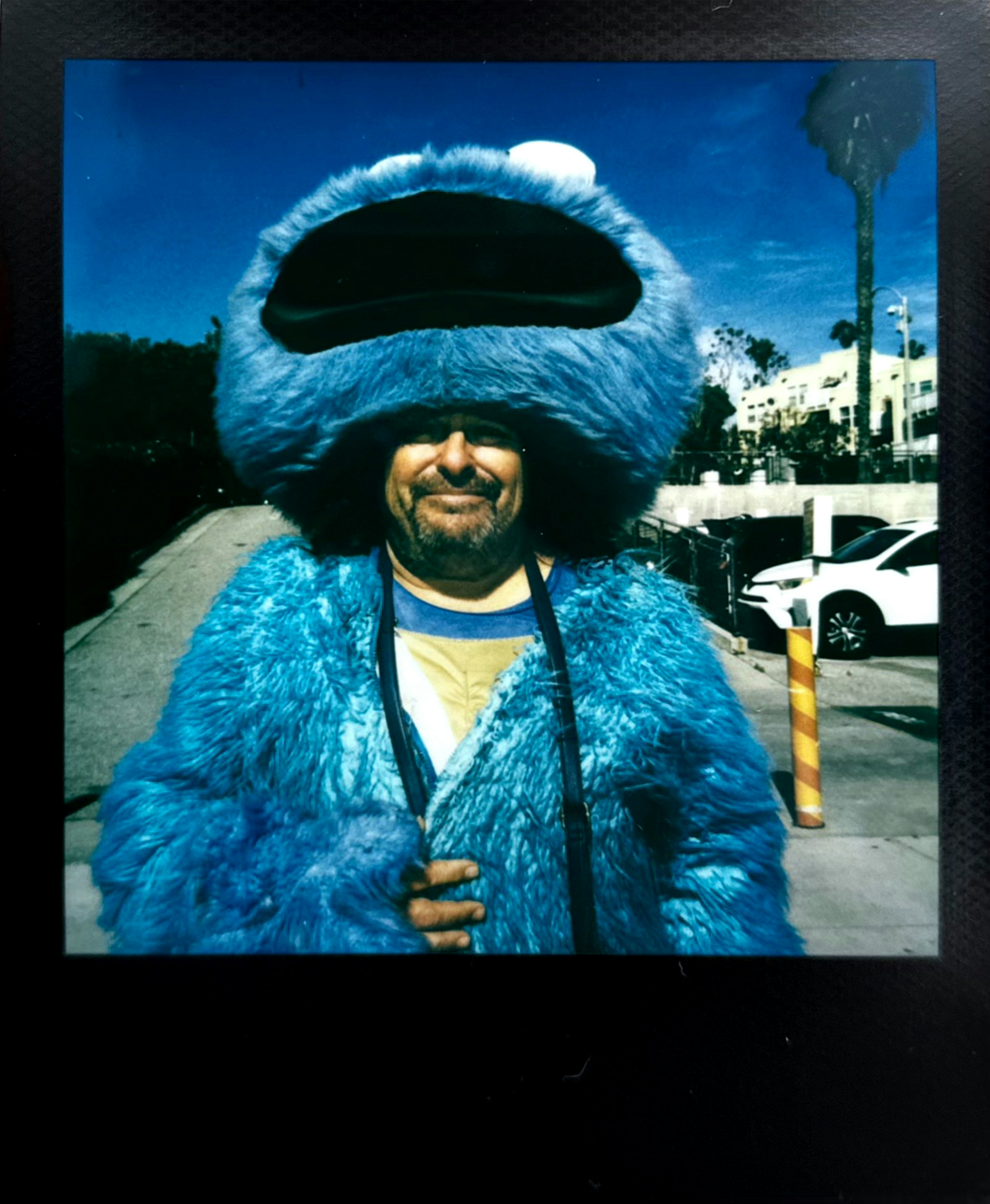 A man wearing a blue furry animal costume