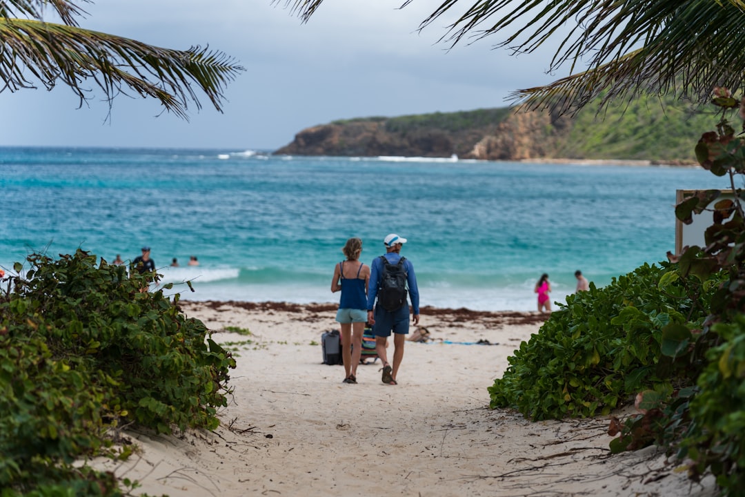 A couple of people walking down a sandy beach,