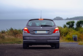 A car parked on the side of a road near the ocean