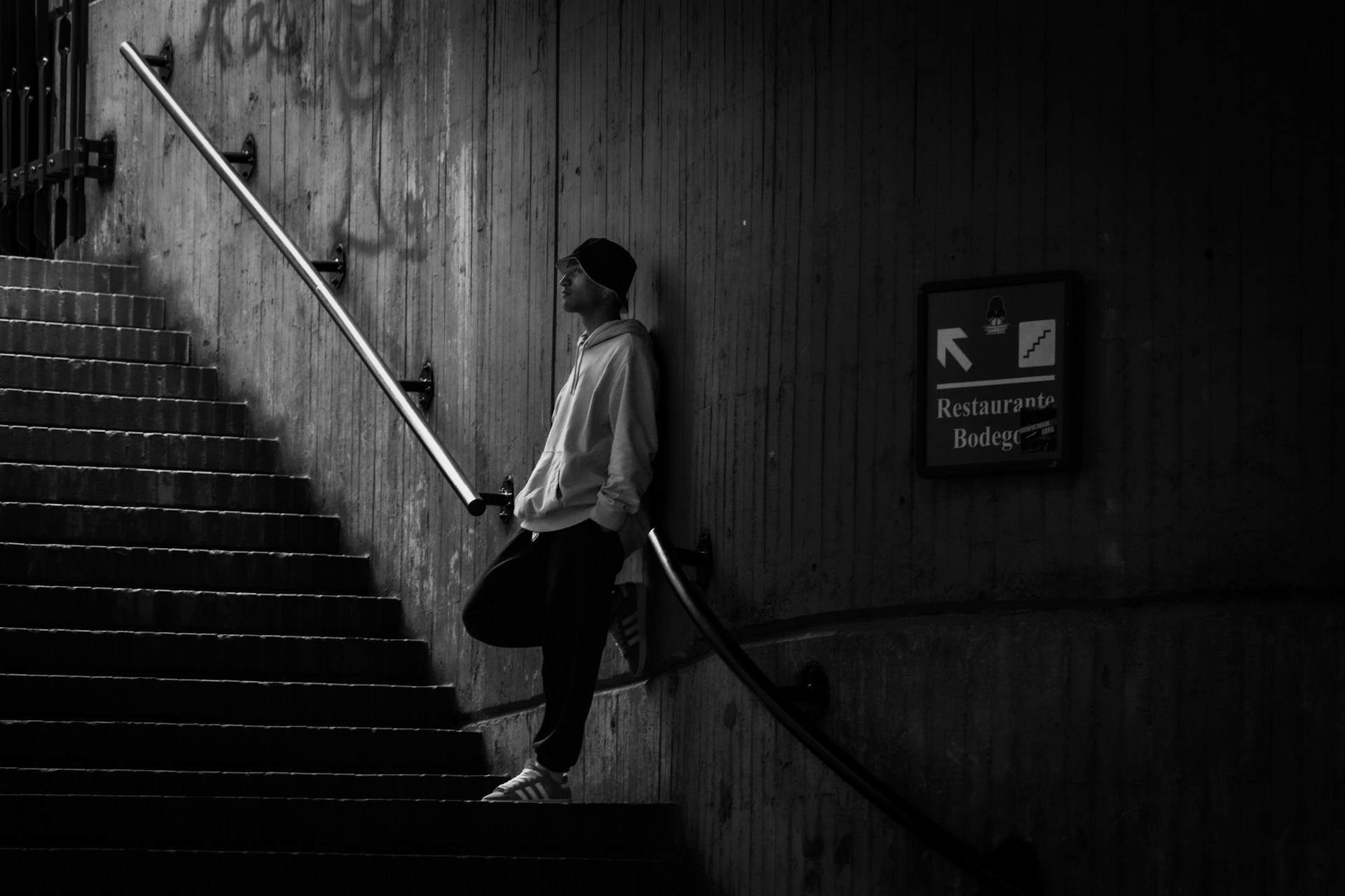 A person walking up a flight of stairs