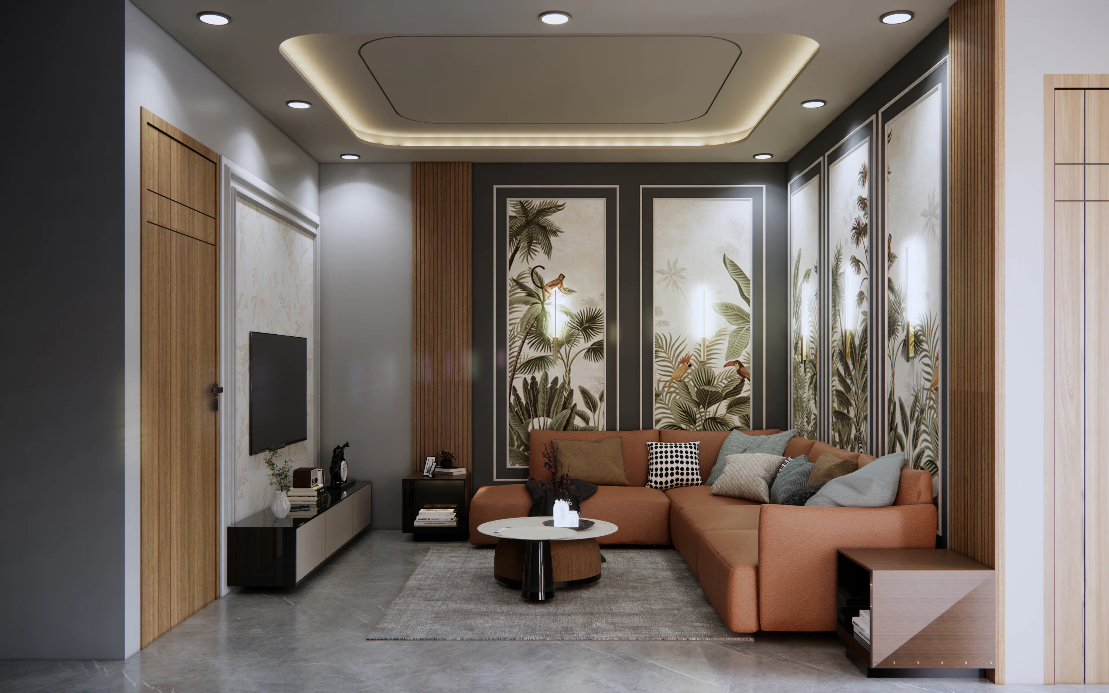 Living room with a sofa, television and a wooden feature wall