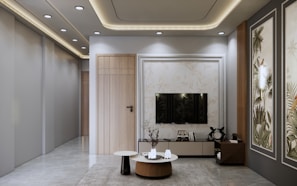 A living room with a large painting on the wall