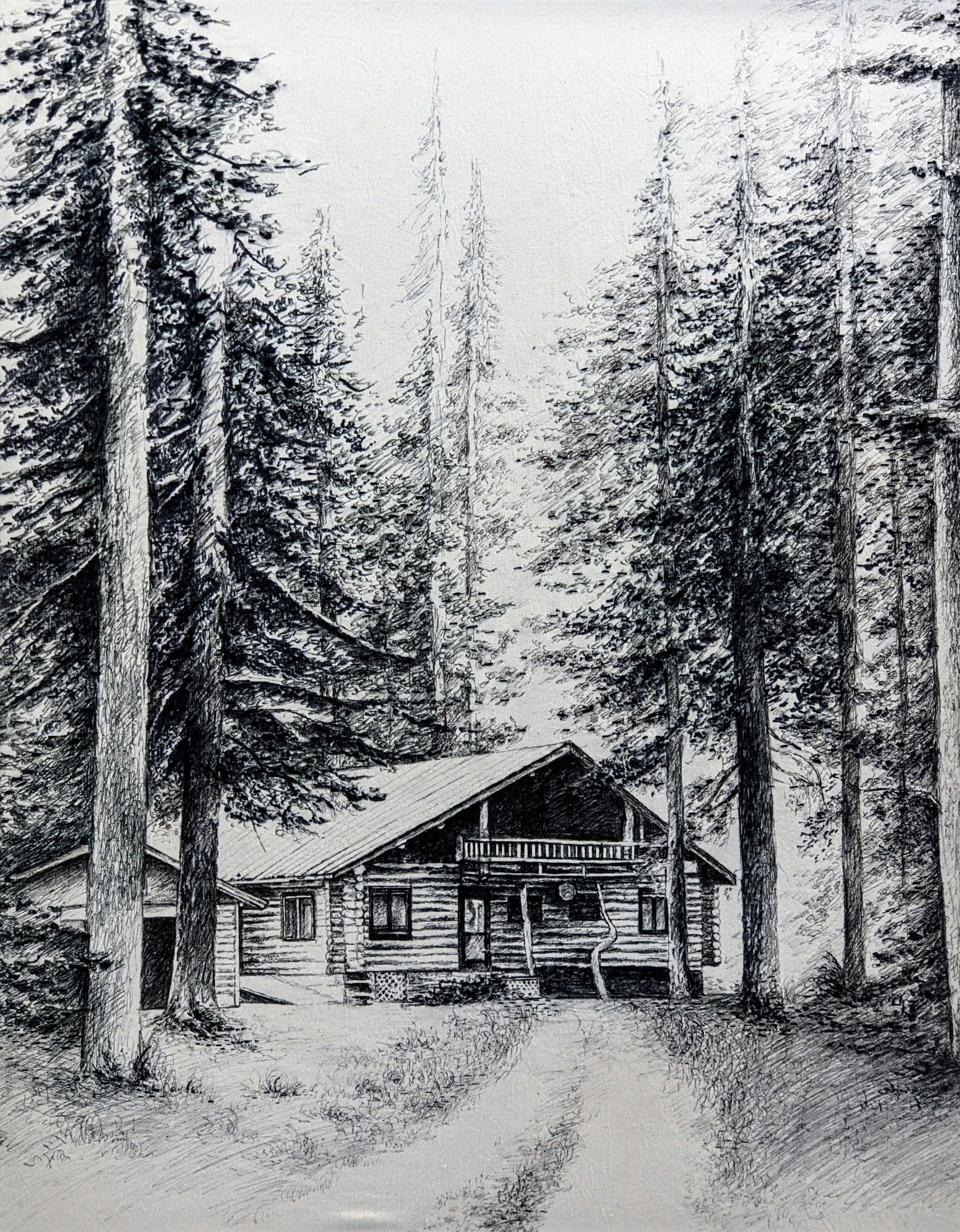 A drawing of a cabin in the woods