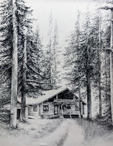 A drawing of a cabin in the woods