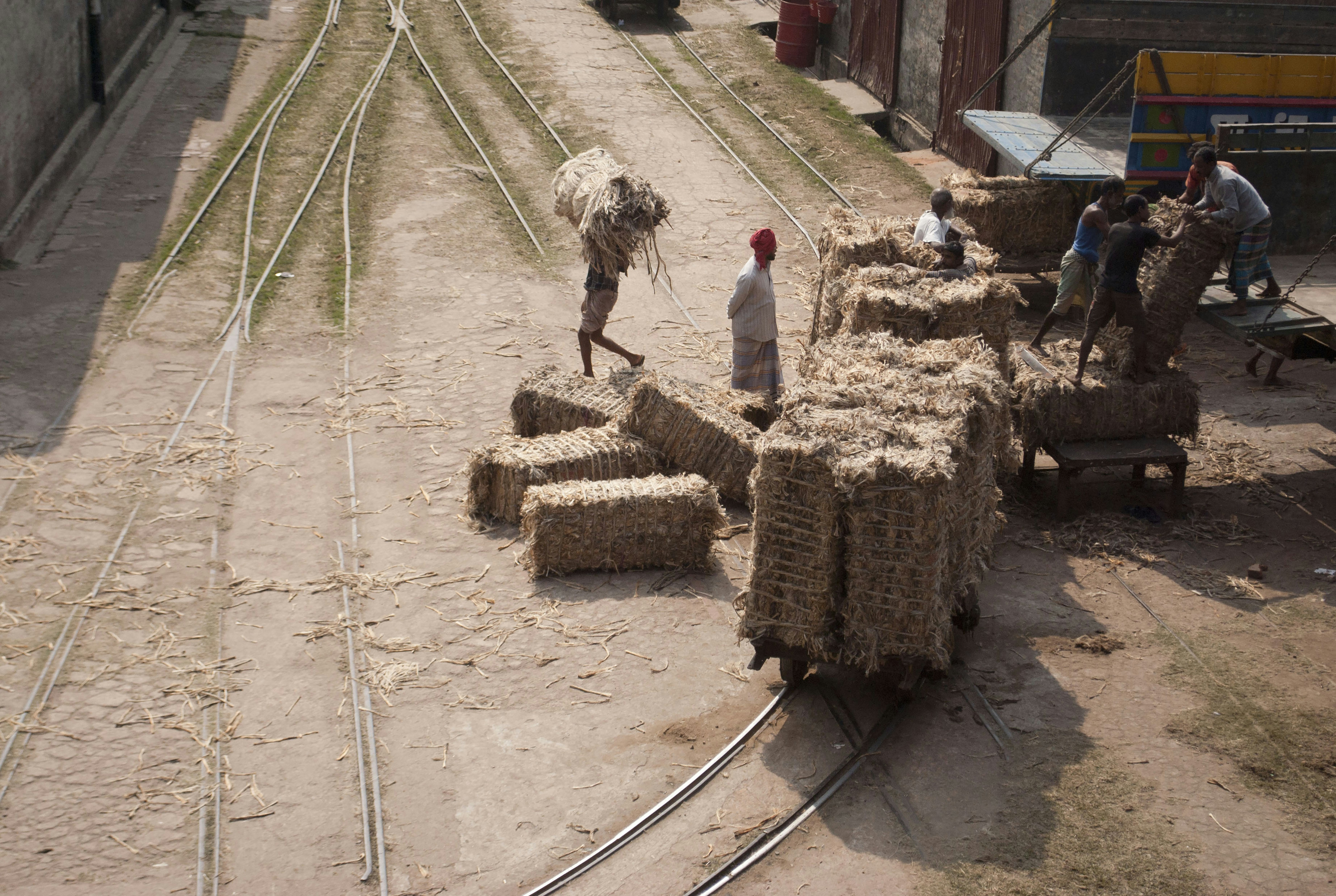 A group of men loading hay on top of train tracks