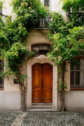 A building with a wooden door surrounded by greenery