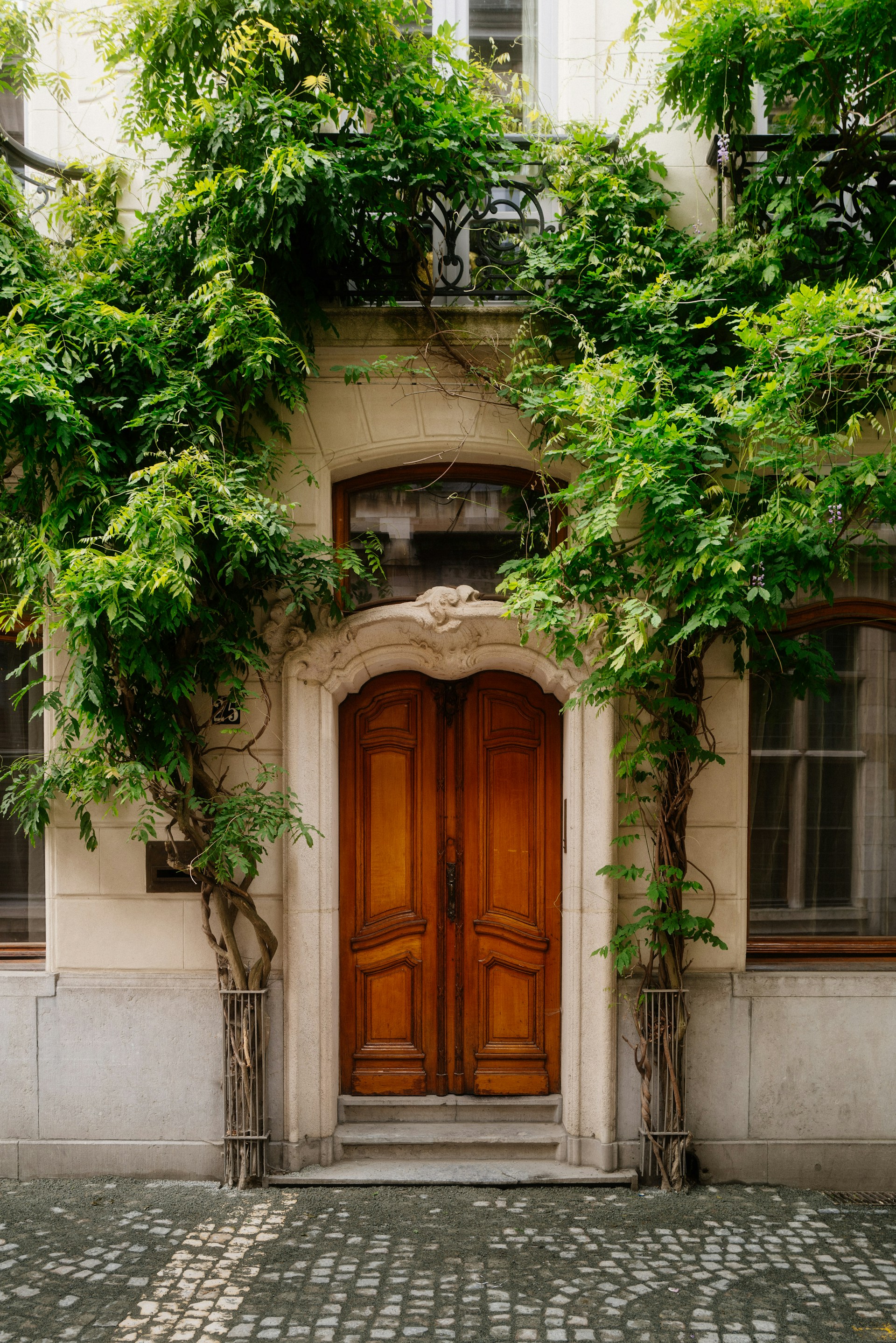 A building with a wooden door surrounded by greenery