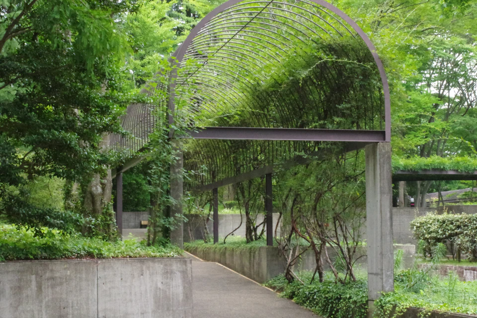 The image depicts a serene garden scene with a large, arched metal structure at its center. The structure is constructed from gray concrete and features a grid-like pattern on top that allows sunlight to filter through, creating an interplay of light and shadow. The structure is surrounded by lush greenery, including trees and bushes, which add depth and texture to the scene. A concrete walkway runs along the bottom of the structure, inviting visitors to explore the garden further.
