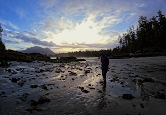 A person walking on a beach at sunset