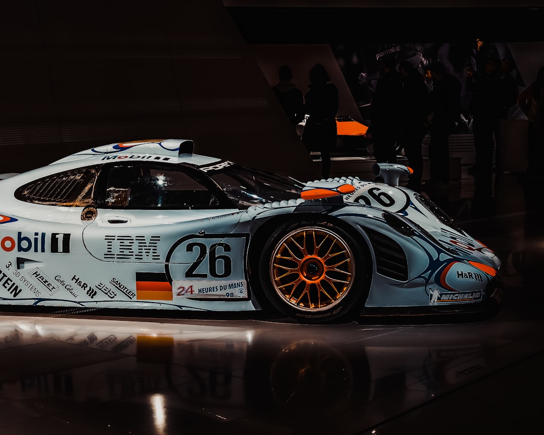 A race car on display at a car show,